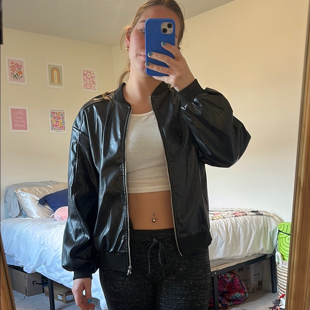 Black Faux Leather Bomber Jacket